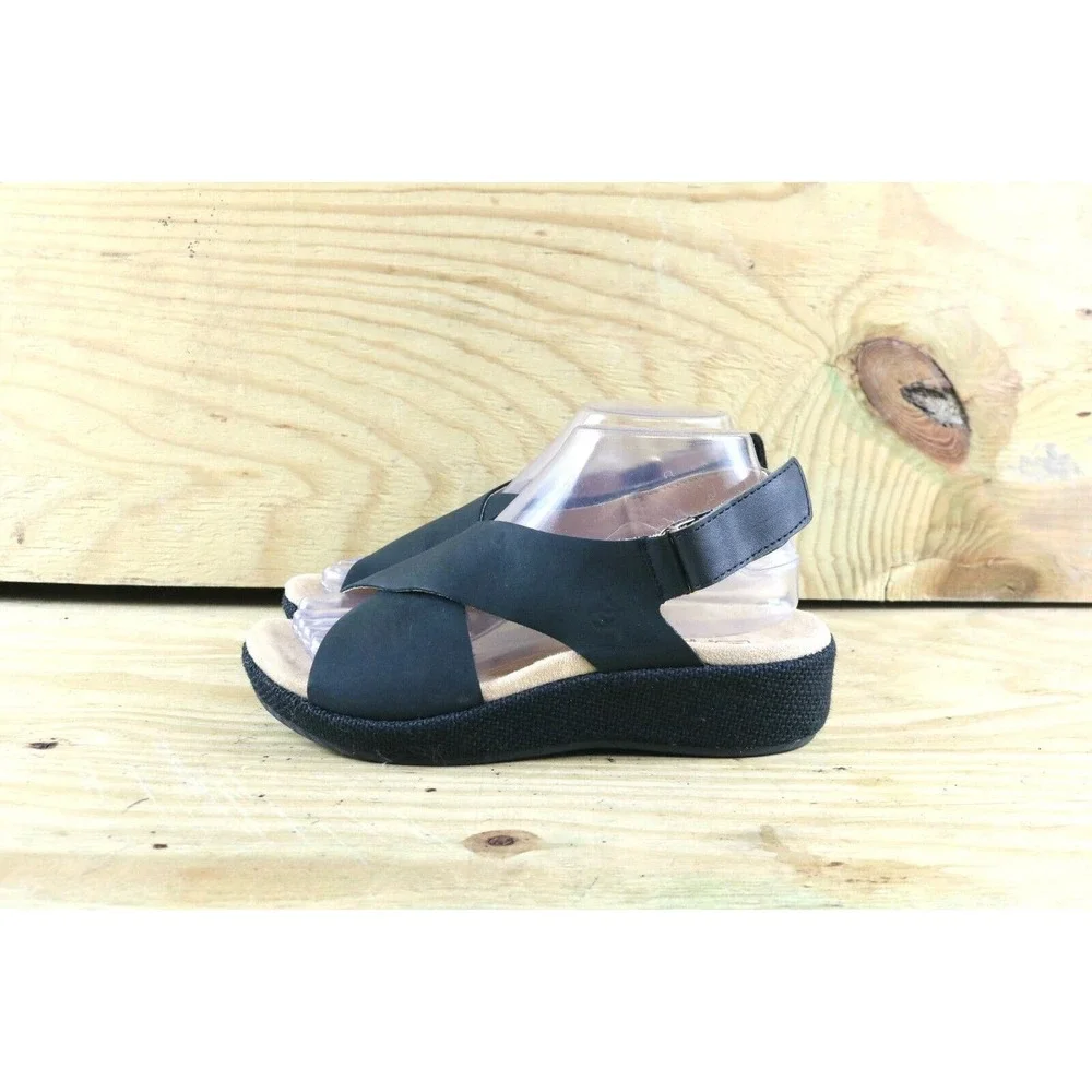 Spenco Shoes Womens Sz 7 Marfa Black Leather Sandals Slingback Strap Wedge